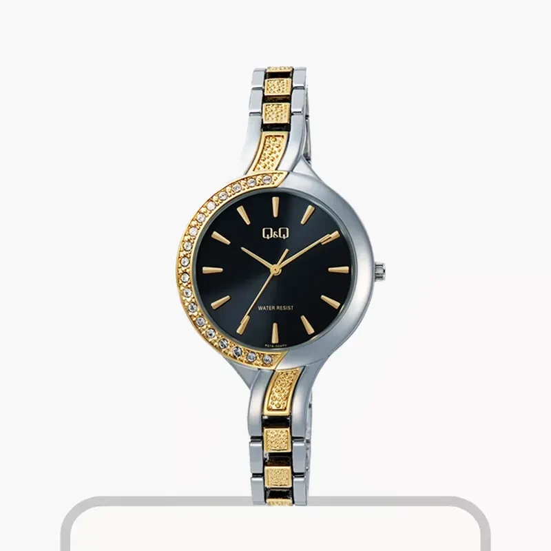 Q&Q Black Dial Two-tone With Stone Ladies Watch- F01A-004PY